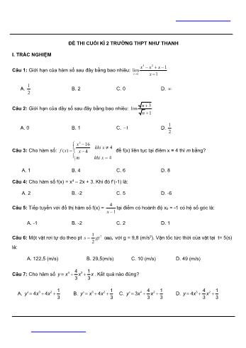 Đề thi cuối kì 2 Toán Lớp 11 - Trường THPT Như Thanh