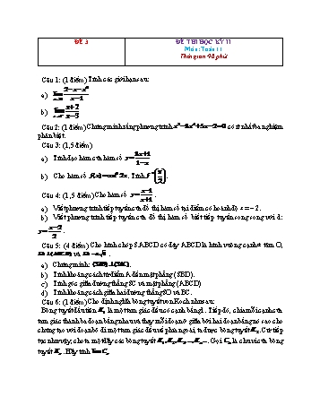 Đề thi học kì 2 Toán Lớp 11 - Đề 3 (Có đáp án và thang điểm)