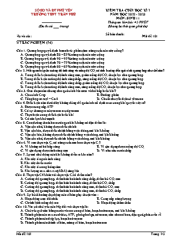 Kiểm tra cuối học kì 1 Sinh học Lớp 11 - Mã đề 101 - Năm học 2022-2023 - Trường THPT Trần Phú (Có đáp án)