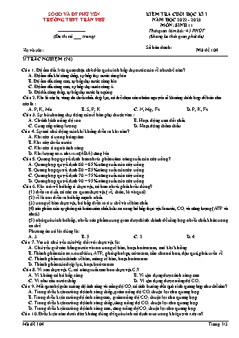 Kiểm tra cuối học kì 1 Sinh học Lớp 11 - Mã đề 104 - Năm học 2022-2023 - Trường THPT Trần Phú (Có đáp án)