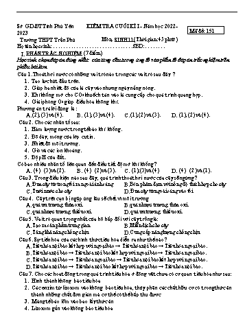 Kiểm tra cuối kì 1 Sinh học Lớp 11 - Mã đề 151 - Năm học 2022-2023 - Trường THPT Trần Phú (Có đáp án)