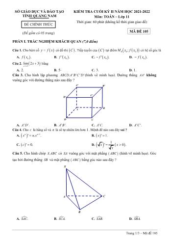 Kiểm tra cuối kì 2 Toán Lớp 11 - Mã đề 105 - Năm học 2021-2022 - Sở GD&ĐT Quảng Nam (Có hướng dẫn chấm)