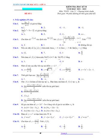 Kiểm tra học kì 2 Toán Lớp 11 - Đề số 1 - Năm học 2021-2022 (Có lời giải)