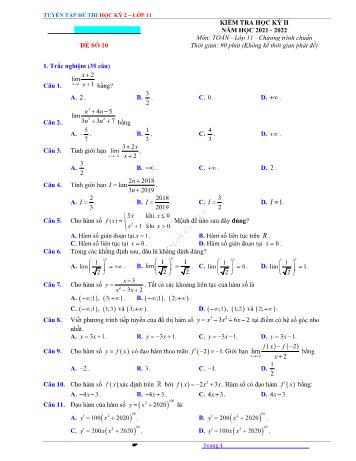 Kiểm tra học kì 2 Toán Lớp 11 - Đề số 10 - Năm học 2021-2022 (Có lời giải)