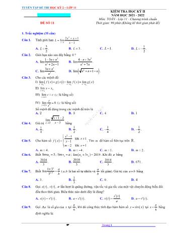 Kiểm tra học kì 2 Toán Lớp 11 - Đề số 11 - Năm học 2021-2022 (Có lời giải)