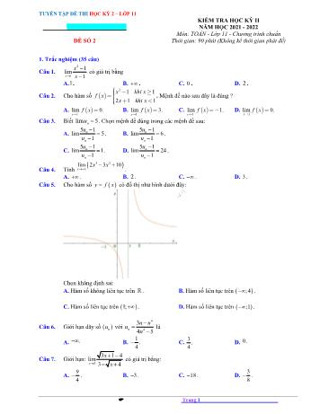 Kiểm tra học kì 2 Toán Lớp 11 - Đề số 2 - Năm học 2021-2022 (Có lời giải)