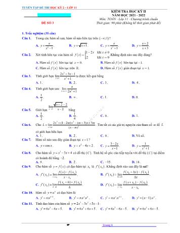 Kiểm tra học kì 2 Toán Lớp 11 - Đề số 3 - Năm học 2021-2022 (Có lời giải)