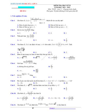 Kiểm tra học kì 2 Toán Lớp 11 - Đề số 4 - Năm học 2021-2022 (Có lời giải)