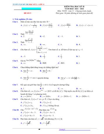 Kiểm tra học kì 2 Toán Lớp 11 - Đề số 5 - Năm học 2021-2022 (Có lời giải)
