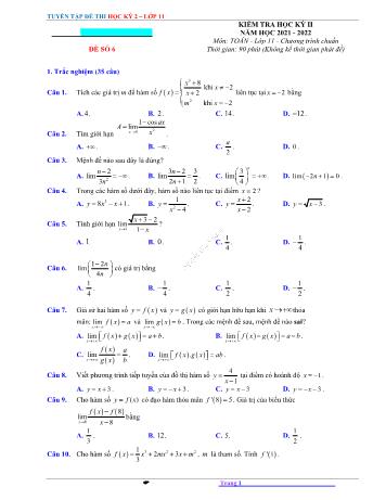 Kiểm tra học kì 2 Toán Lớp 11 - Đề số 6 - Năm học 2021-2022 (Có lời giải)