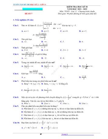 Kiểm tra học kì 2 Toán Lớp 11 - Đề số 7 - Năm học 2021-2022 (Có lời giải)