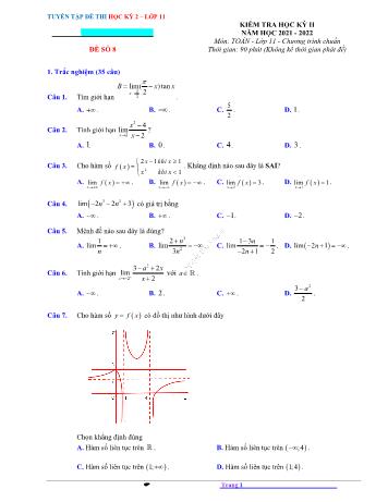 Kiểm tra học kì 2 Toán Lớp 11 - Đề số 8 - Năm học 2021-2022 (Có lời giải)