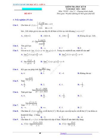 Kiểm tra học kì 2 Toán Lớp 11 - Đề số 9 - Năm học 2021-2022 (Có lời giải)