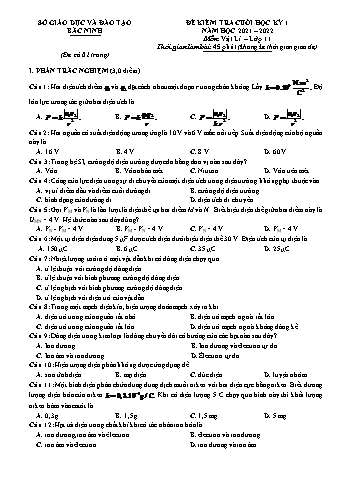 Đề kiểm tra cuối học kì 1 Vật lí Lớp 11 - Năm học 2021-2022 - Sở GD&ĐT Bắc Ninh (Có đáp án)