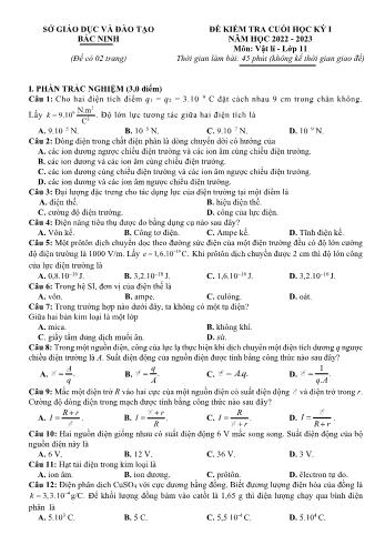Đề kiểm tra cuối học kì 1 Vật lí Lớp 11 - Năm học 2022-2023 - Sở GD&ĐT Bắc Ninh (Có đáp án)