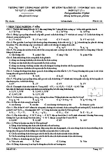 Đề kiểm tra cuối kì 1 Vật lí Lớp 11 - Mã đề 101 - Năm học 2022-2023 - Trường THPT Lương Ngọc Quyến