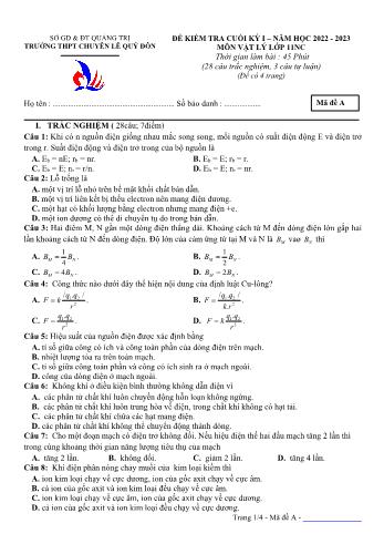 Đề kiểm tra cuối kì 1 Vật lí Lớp 11 - Mã đề A - Năm học 2022-2023 - Trường THPT chuyên Lê Quý Đôn (Có đáp án)