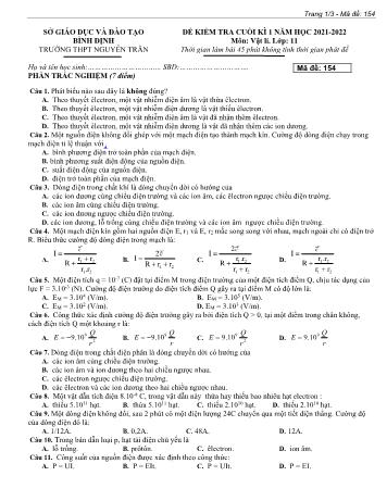 Đề kiểm tra cuối kì 1 Vật lí Lớp - Năm học 2021-2022 - Trường THPT Nguyễn Trân (Có đáp án)