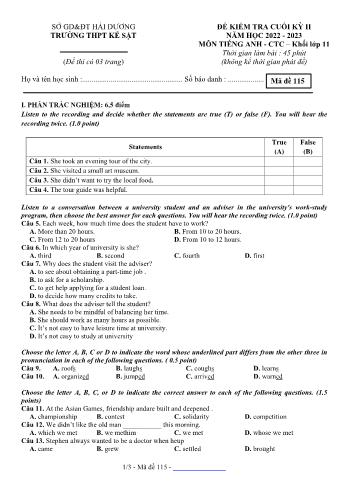 Đề kiểm tra cuối kì 2 Tiếng Anh Lớp 11 - Mã đề 115 - Năm học 2022-2023 - Trường THPT Kẻ Sặt (Có đáp án)
