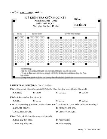 Đề kiểm tra giữa học kì 1 Hóa học Lớp 11 - Mã đề 132 - Năm học 2021-2022 - Trường THPT Thống Nhất A (Có đáp án)