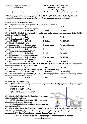 Đề kiểm tra giữa học kì 1 Hóa học Lớp 11 - Năm học 2022-2023 - Sở GD&ĐT Bắc Ninh