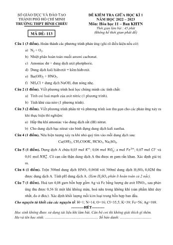 Đề kiểm tra giữa học kì 1 Hóa học Lớp 11 - Năm học 2022-2023 - Trường THPT Bình Chiểu (Có đáp án)