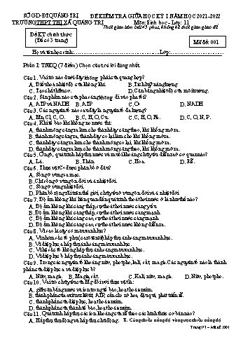 Đề kiểm tra giữa học kì 1 Sinh học Lớp 11 - Mã đề 001 - Năm học 2021-2022 - Trường THPT Thị xã Quảng Trị
