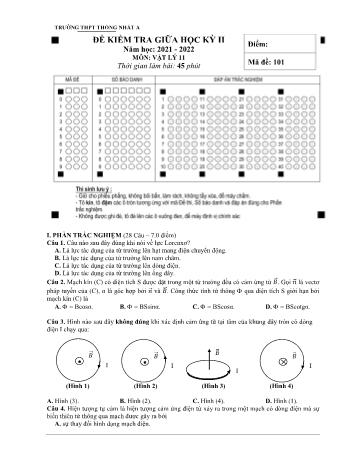 Đề kiểm tra giữa học kì 1 Vật lí Lớp 11 - Mã đề 101 - Năm học 2021-2022 - Trường THPT Thống Nhất A (Có đáp án)