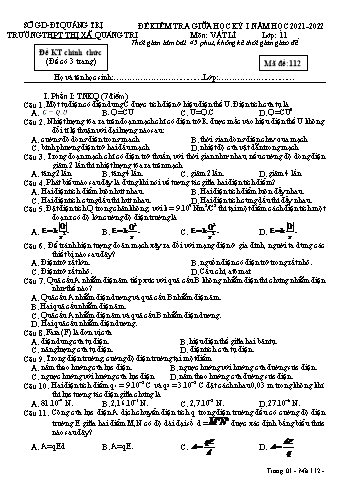 Đề kiểm tra giữa học kì 1 Vật lí Lớp 11 - Mã đề 112 - Năm học 2021-2022 - Trường THPT Thị xã Quảng Trị