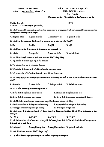 Đề kiểm tra giữa học kì 1 Vật lí Lớp 11 - Năm học 2021-2022 - Trường THPT Thuận Thành số 1 (Có đáp án)