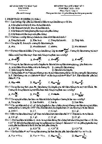 Đề kiểm tra giữa học kì 1 Vật lí Lớp 11 - Năm học 2022-2023 - Sở GD&ĐT Bắc Ninh