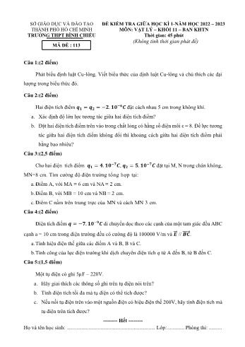 Đề kiểm tra giữa học kì 1 Vật lí Lớp 11 - Năm học 2022-2023 - Trường THPT Bình Chiểu (Có đáp án)