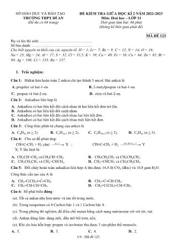 Đề kiểm tra giữa học kì 2 Hóa học Lớp 11 - Mã đề 123 - Năm học 2022-2023 - Trường THPT Dĩ An (Có đáp án)
