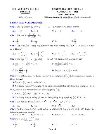 Đề kiểm tra giữa học kì 2 Toán Lớp 11 - Năm học 2021-2022 - Sở GD&ĐT Bắc Ninh (Có đáp án)