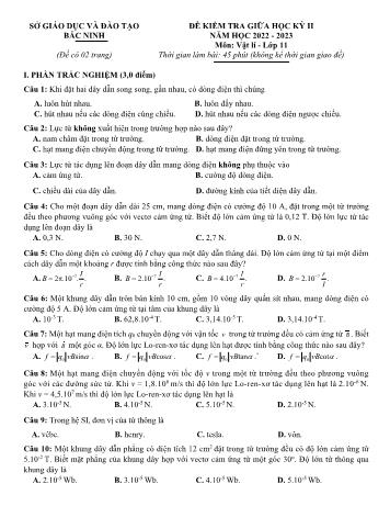 Đề kiểm tra giữa học kì 2 Vật lí Lớp 11 - Năm học 2022-2023 - Sở GD&ĐT Bắc Ninh (Có đáp án)