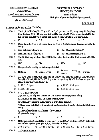 Đề kiểm tra giữa kì 1 Hóa học Lớp 11 - Mã đề 001 - Năm học 2022-2023 - Trường THPT Nguyễn Huệ