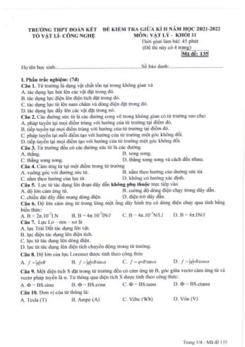 Đề kiểm tra giữa kì 2 Vật lí Lớp 11 - Mã đề 135 - Năm học 2021-2022 - Trường THPT Đoàn Kết (Có đáp án)