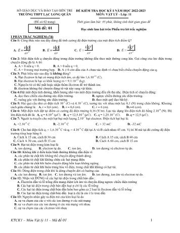 Đề kiểm tra học kì 1 Vật lí Lớp 11 - Mã đề 01 - Năm học 2022-2023 - Trường THPT Lạc Long Quân (Có đáp án)