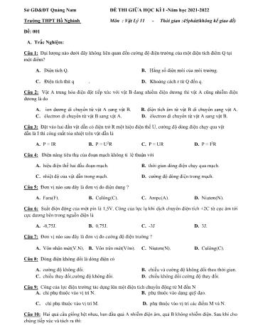 Đề thi giữa học kì 1 Vật lí Lớp 11 - Năm học 2021-2022 - Trường THPT Hồ Nghinh (Có đáp án)