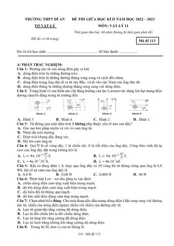 Đề thi giữa học kì 2 Vật lí Lớp 11 - Mã đề 113 - Năm học 2022-2023 - Trường THPT Dĩ An (Có đáp án)