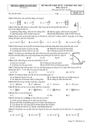 Đề thi giữa học kì 2 Vật lí Lớp 11 - Năm học 2021-2022 - Trường THPT Nguyễn Huệ (Có đáp án)