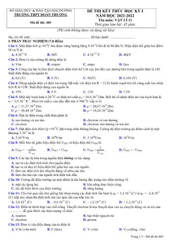 Đề thi kết thúc học kì 1 Vật lí Lớp 11 - Mã đề 485 - Năm học 2021-2022 - Trường THPT Đoàn Thượng (Có đáp án)