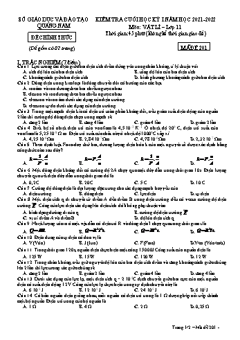 Kiểm tra cuối học kì 1 Vật lí Lớp 11 - Mã đề 201 - Năm học 2021-2022 - Sở GD&ĐT Quảng Nam (Có đáp án)