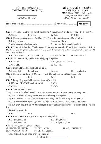 Kiểm tra giữa học kì 2 Hóa học Lớp 11 - Mã đề 001 - Năm học 2021-2022 - Trường THPT Ngô Gia Tự (Có đáp án)