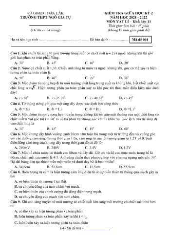 Kiểm tra giữa học kì 2 Vật lí Lớp 11 - Mã đề 001 - Năm học 2021-2022 - Trường THPT Ngô Gia Tự (Có đáp án)