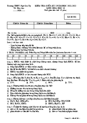 Kiểm tra giữa kì 1 Hóa học Lớp 11 - Mã đề 001 - Năm học 2021-2022 - Trường THPT Ngô Gia Tự