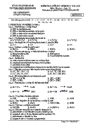 Kiểm tra giữa kì 1 Hóa học Lớp 11 - Mã đề 301 - Năm học 2021-2022 - Trường THPT Núi Thành