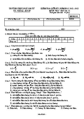 Kiểm tra giữa kì 1 Vật lí Lớp 11 - Mã đề 001 - Năm học 2021-2022 - Trường THPT Ngô Gia Tự