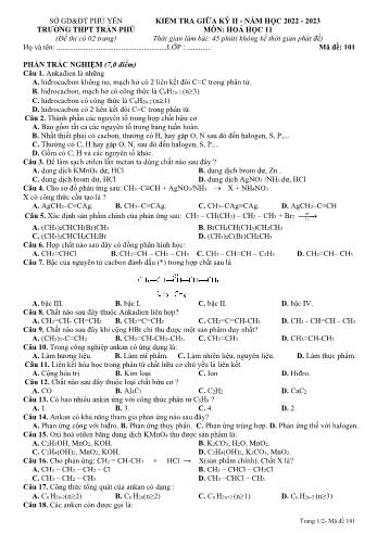 Kiểm tra giữa kì 2 Hóa học Lớp 11 - Mã đề 101 - Năm học 2022-2023 - Trường THPT Trần Phú (Có đáp án)