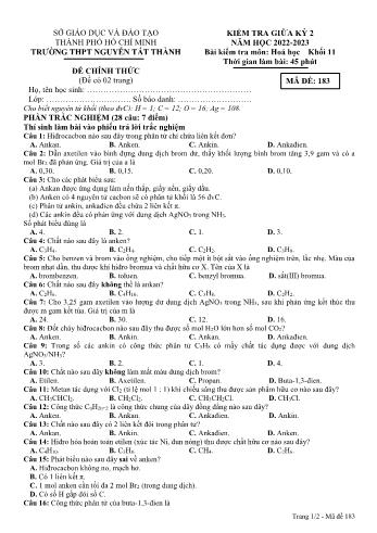 Kiểm tra giữa kì 2 Hóa học Lớp 11 - Mã đề 183 - Năm học 2022-2023 - Trường THPT Nguyễn Tất Thành
